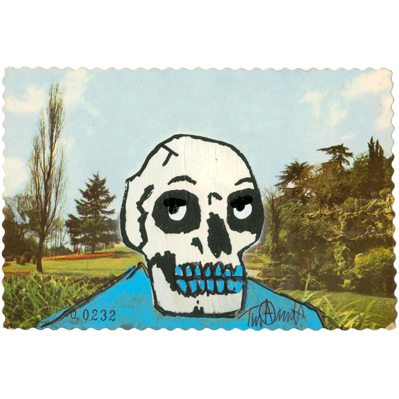 BAVARIA TURKISH GREETING No. 0232 skeletim postcard, hand-drawn skull by Tim Armstrong