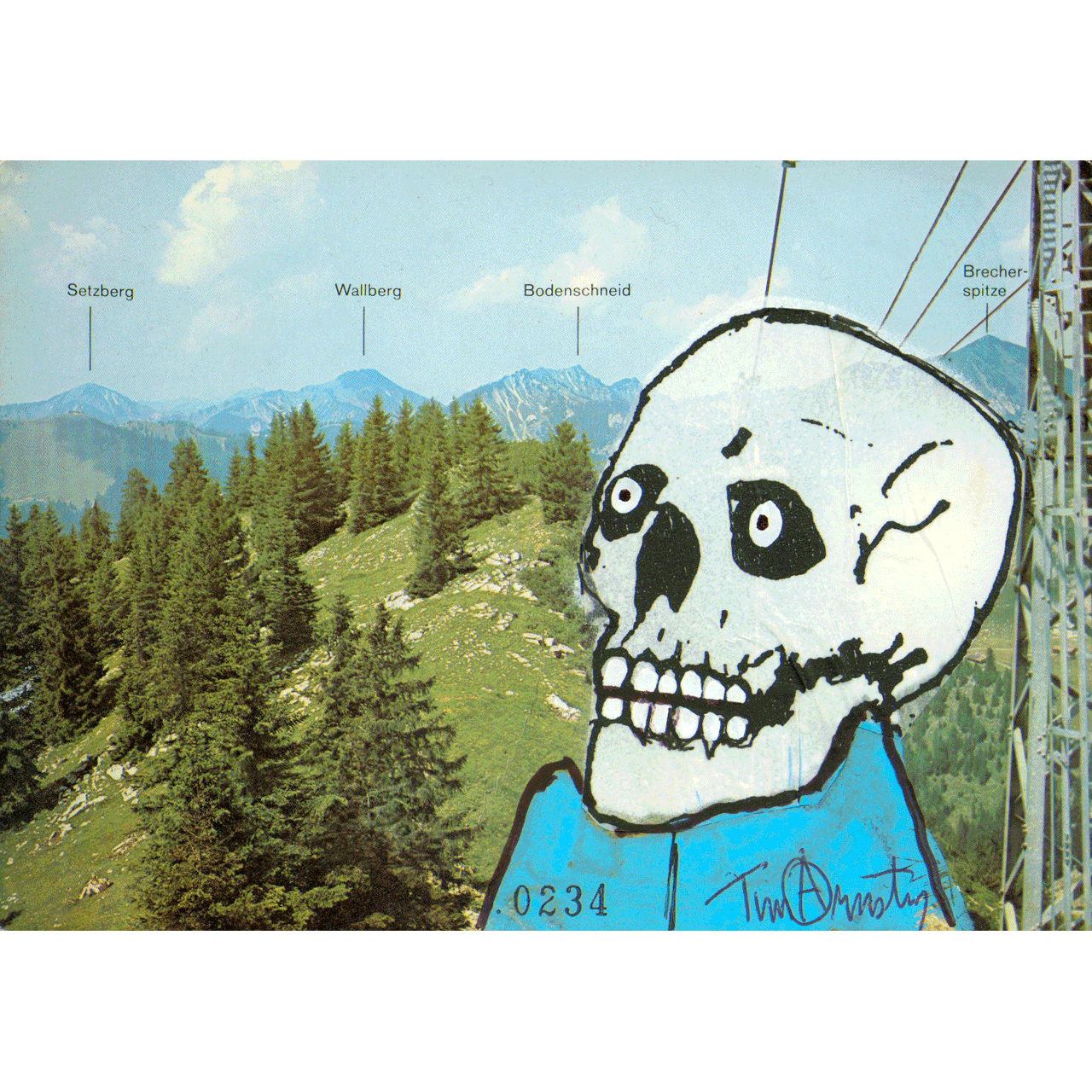 TAUBENSTEINBAHN No. 0234 skeletim postcard, hand-drawn skull by Tim Armstrong