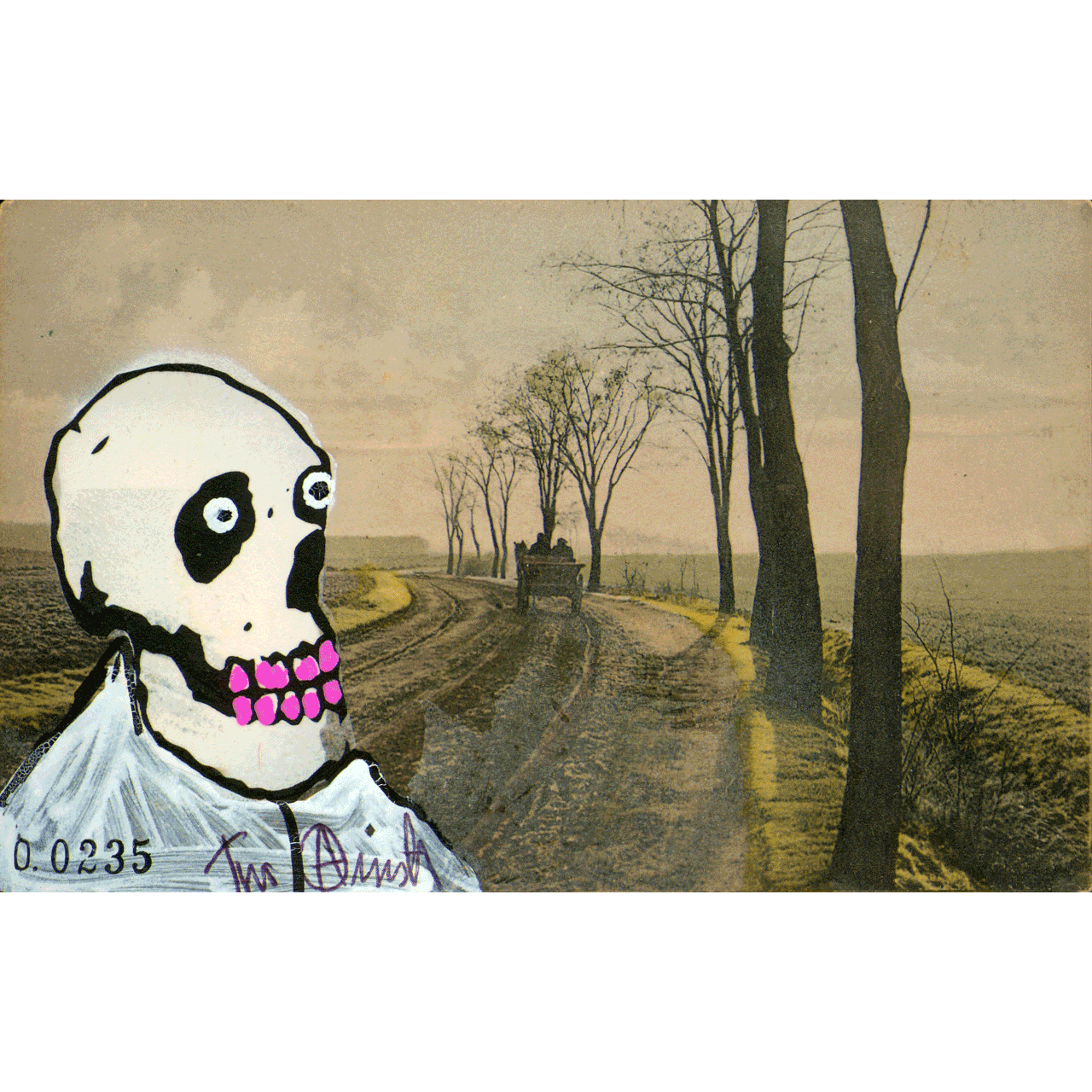 LABOE No. 0235 skeletim postcard, hand-drawn skull by Tim Armstrong