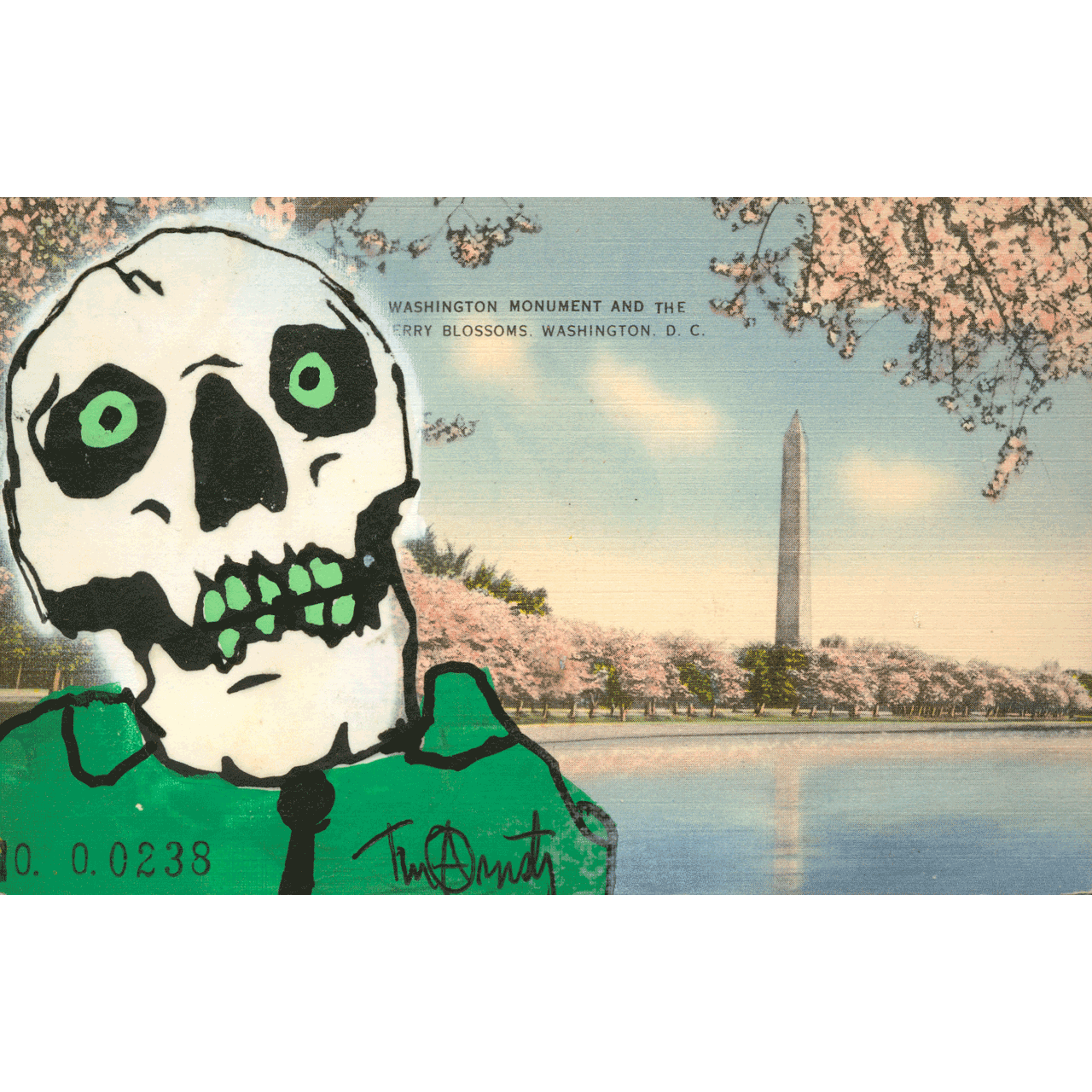 WASHINGTON MONUMENT No. 0238 skeletim postcard, hand-drawn skull by Tim Armstrong