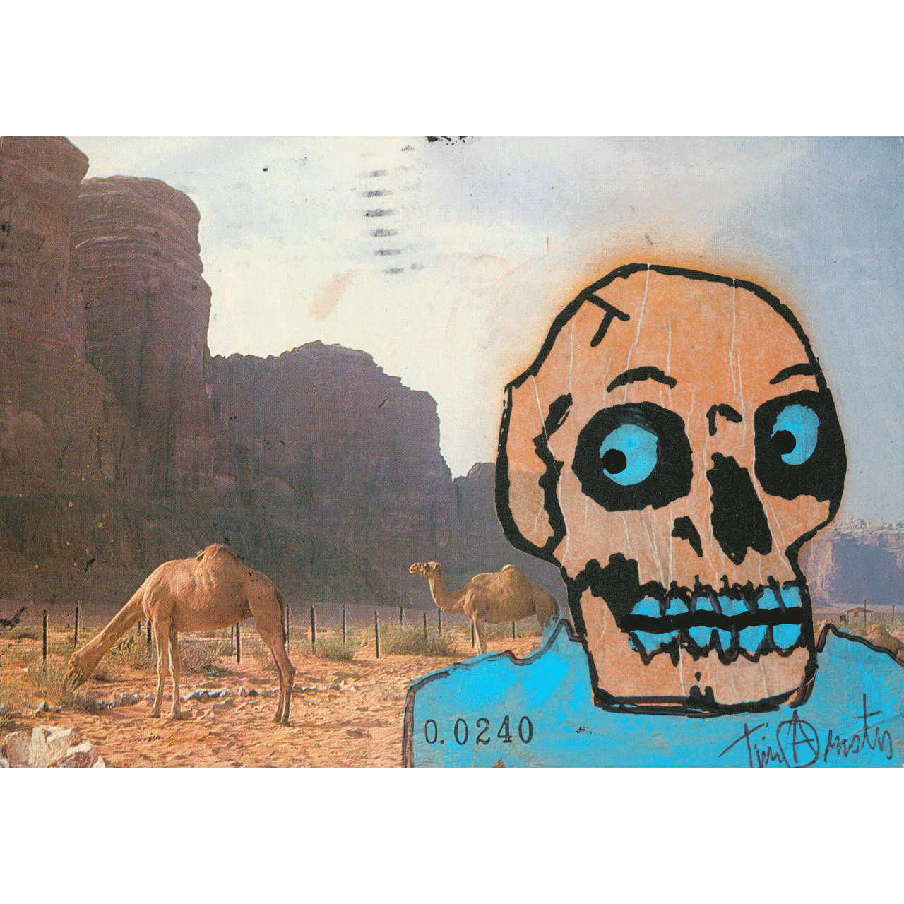 DEAD SEA AREA No. 0240 skeletim postcard, hand-drawn skull by Tim Armstrong