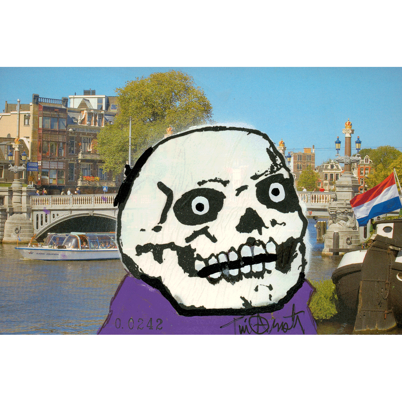 AMSTERDAM No. 0242 skeletim postcard, hand-drawn skull by Tim Armstrong