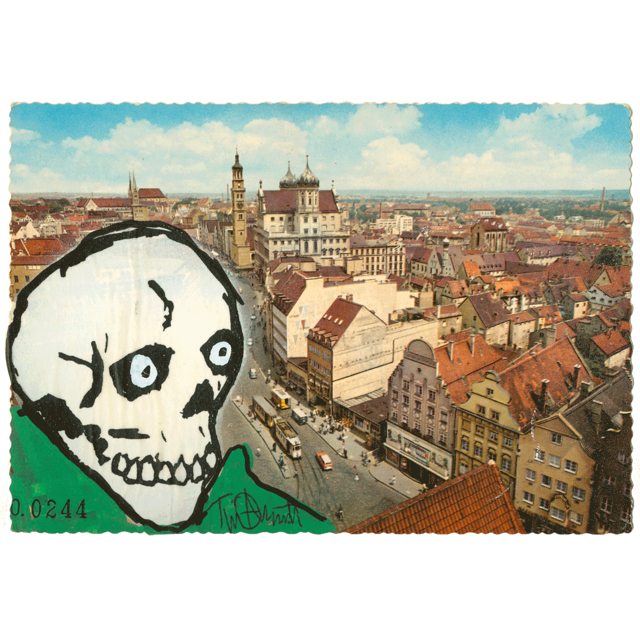 AUGSBURG No. 0244 skeletim postcard, hand-drawn skull by Tim Armstrong