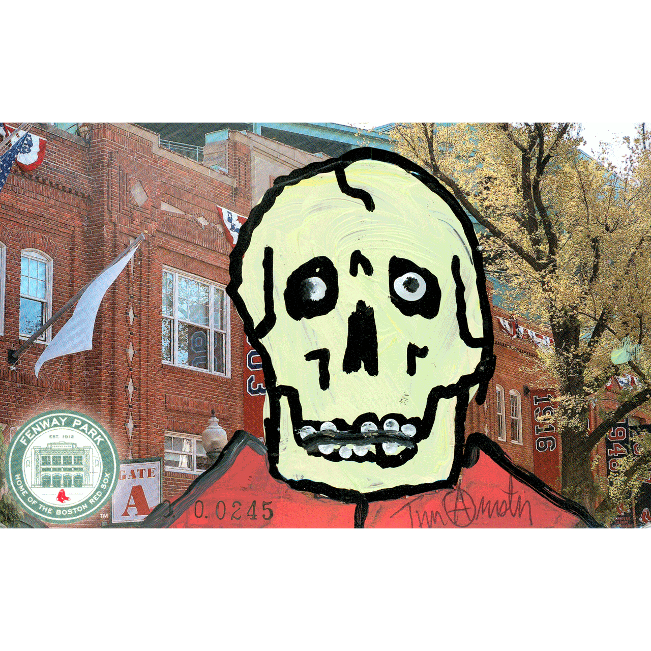 FENWAY PARK No. 0245 skeletim postcard, hand-drawn skull by Tim Armstrong