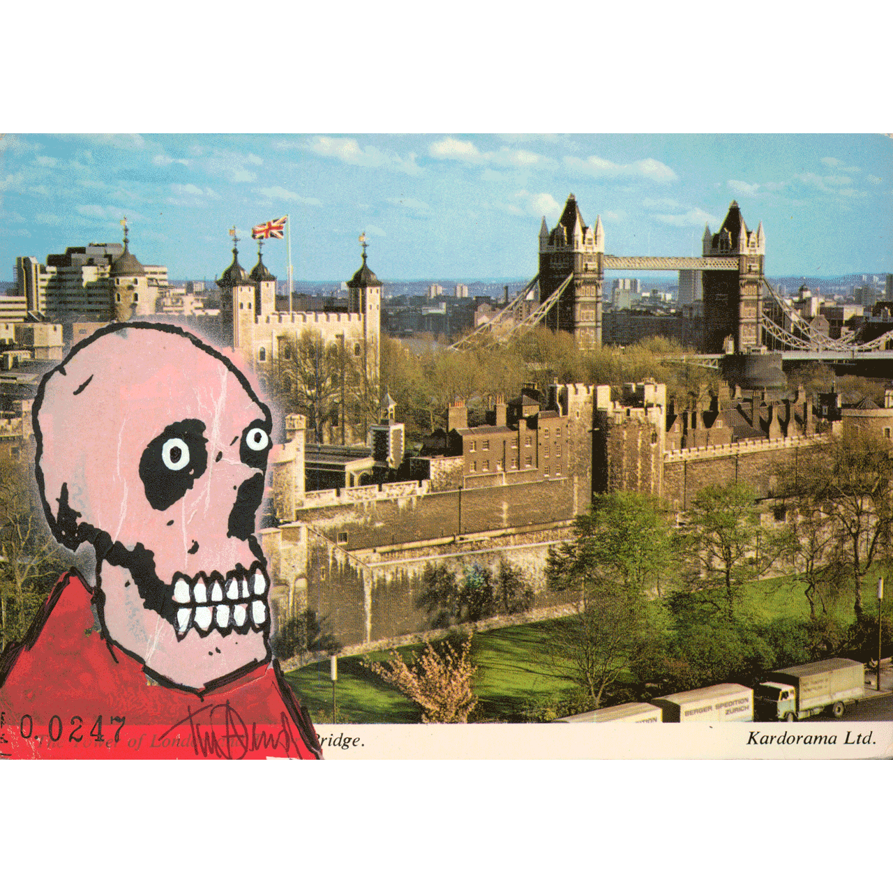 TOWER OF LONDON No. 0247 skeletim postcard, hand-drawn skull by Tim Armstrong