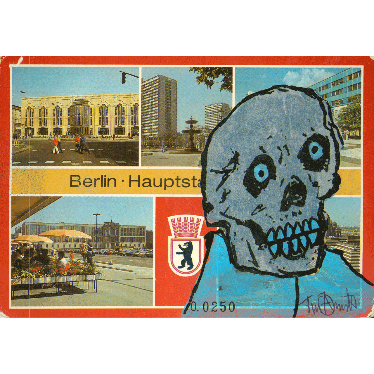 BERLIN No. 0250 skeletim postcard, hand-drawn skull by Tim Armstrong