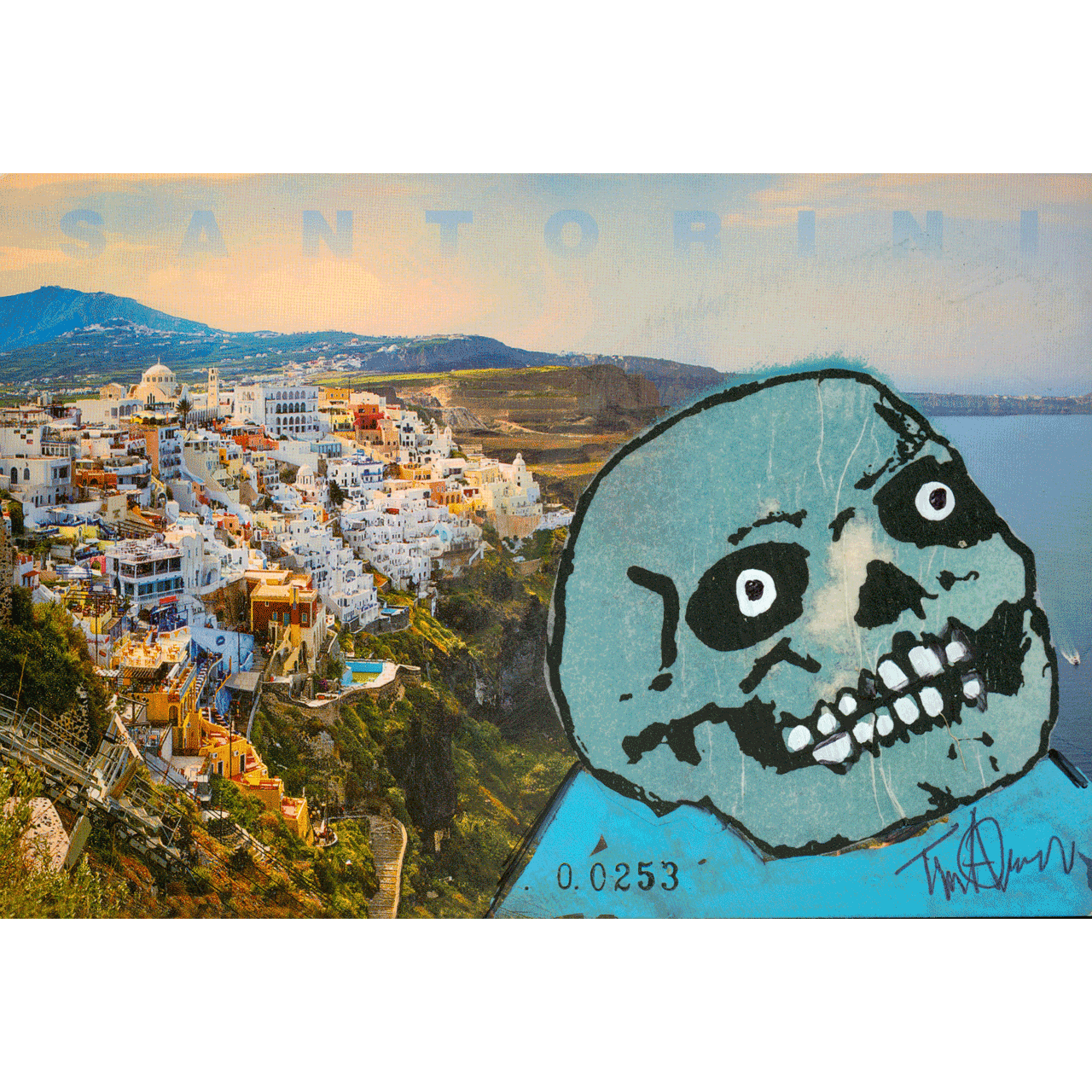 SANTORINI No. 0253 skeletim postcard, hand-drawn skull by Tim Armstrong