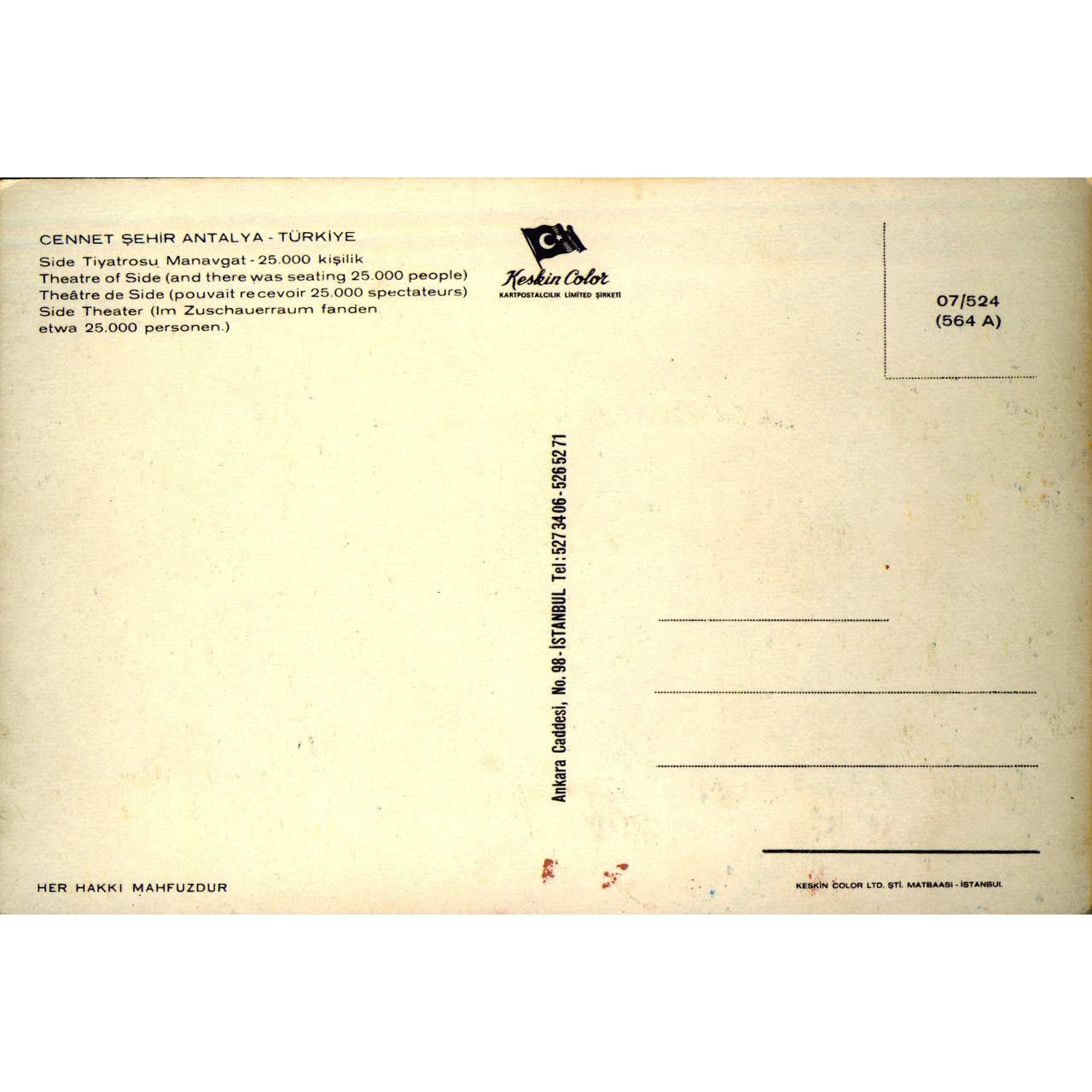 Reverse of CENNET SEHIR ANTALYA No. 0254 skeletim postcard by Tim Armstrong