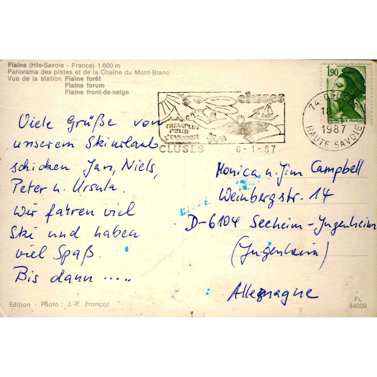 Reverse of FLAINE FRANCE No. 0255 skeletim postcard by Tim Armstrong