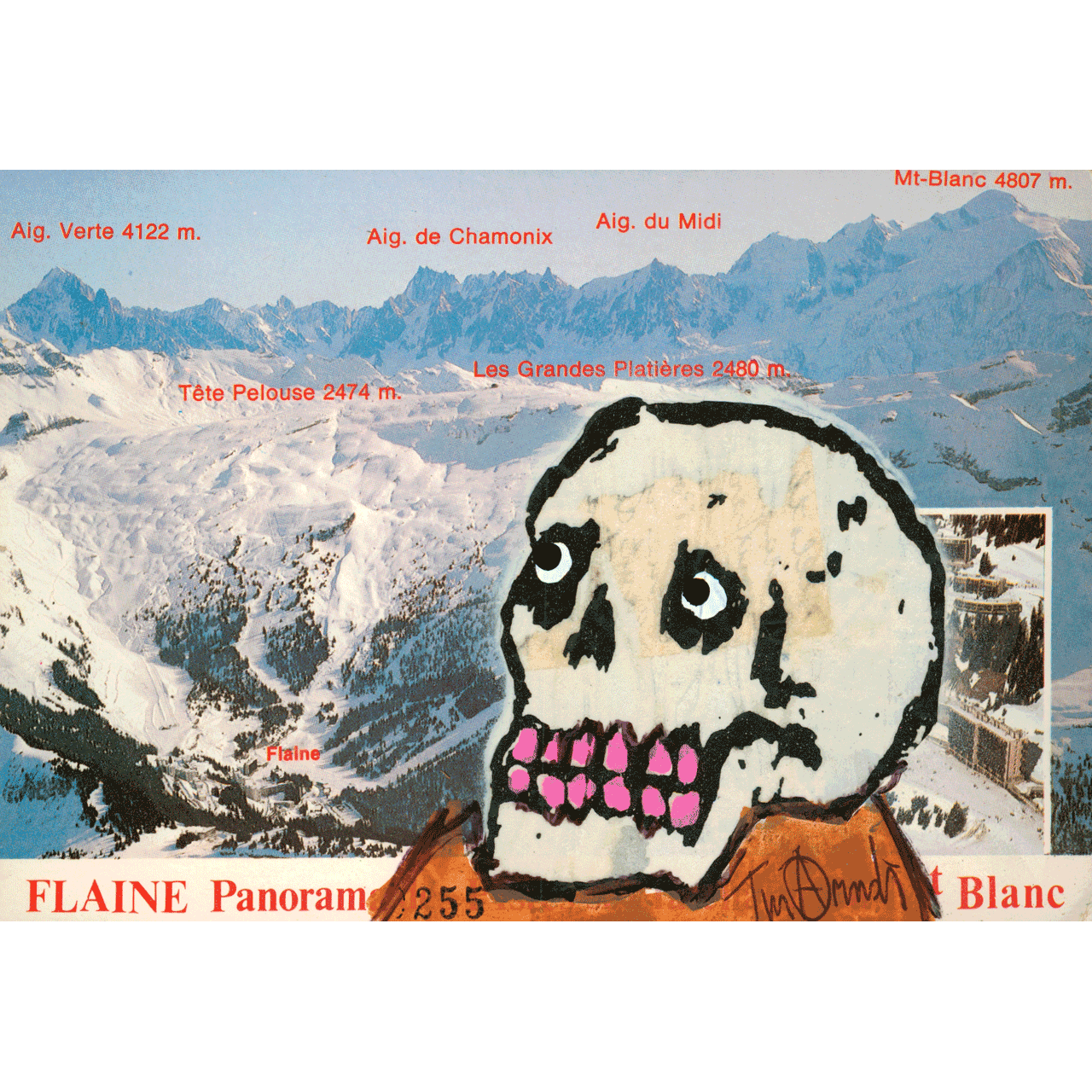 FLAINE FRANCE No. 0255 skeletim postcard, hand-drawn skull by Tim Armstrong