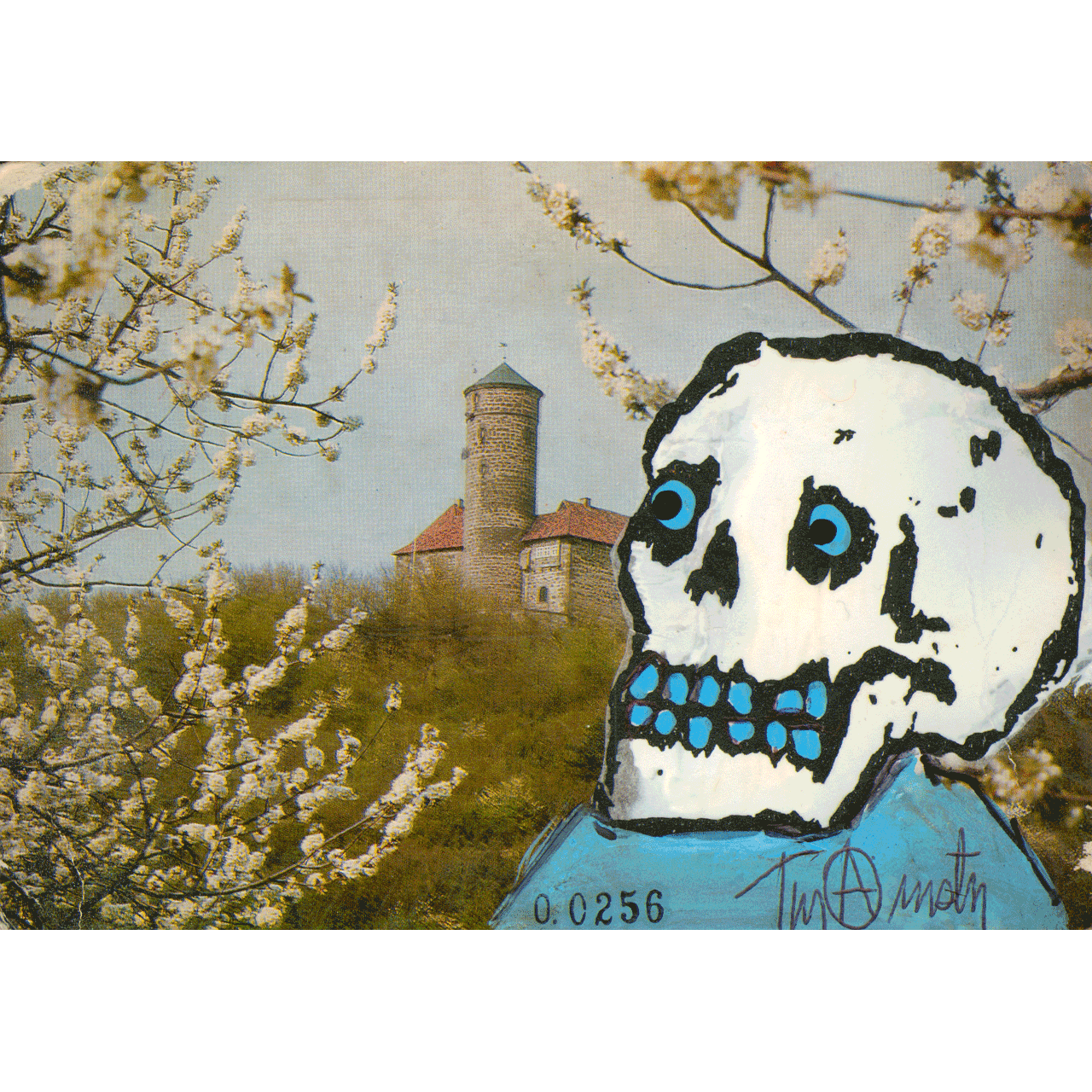 JUGENDBURG LUDWIGSTEIN No. 0256 skeletim postcard, hand-drawn skull by Tim Armstrong