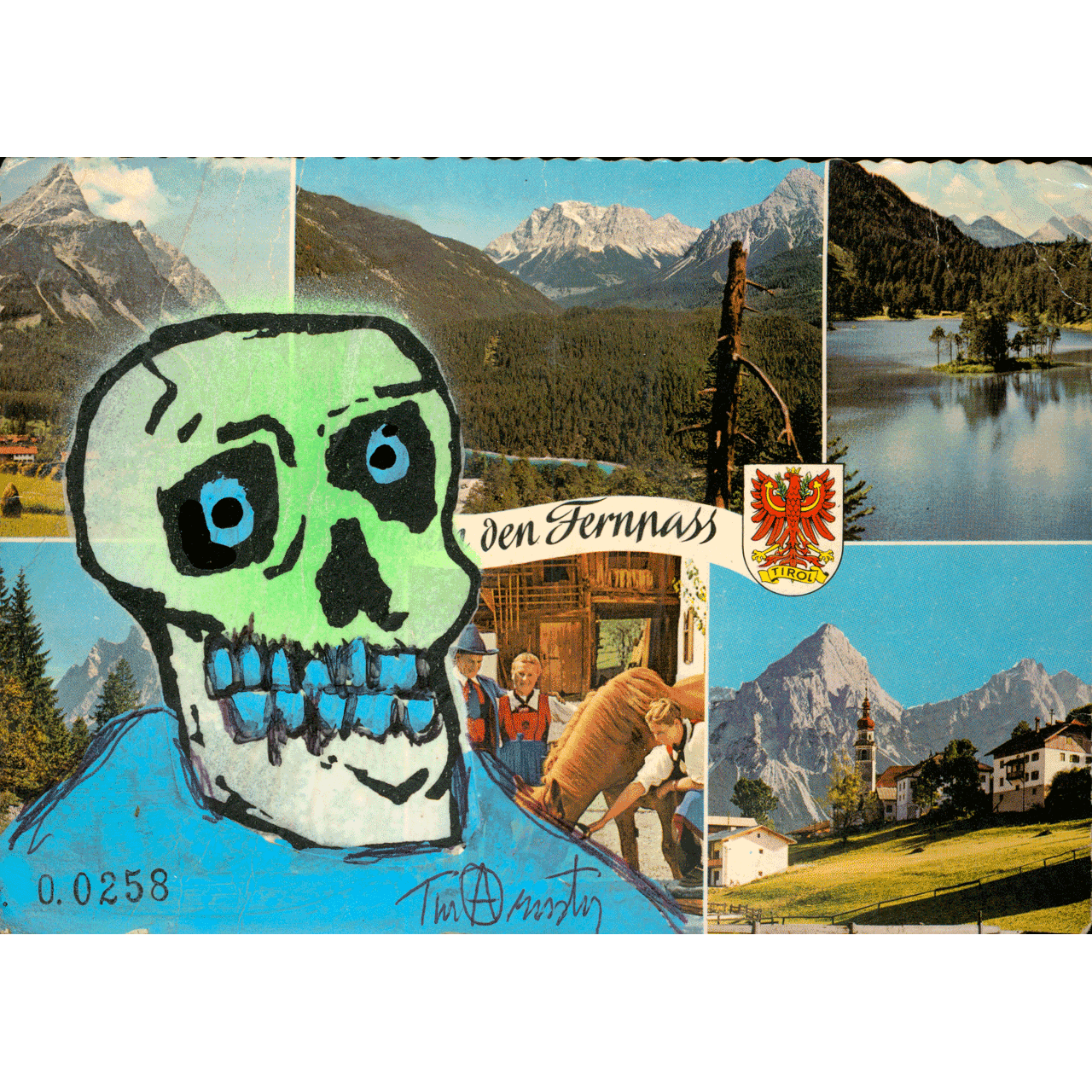 ZUGSPITZE VIEW No. 0258 skeletim postcard, hand-drawn skull by Tim Armstrong