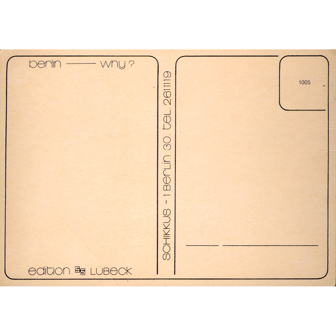 Reverse of BERLIN WHY No. 0263 skeletim postcard by Tim Armstrong