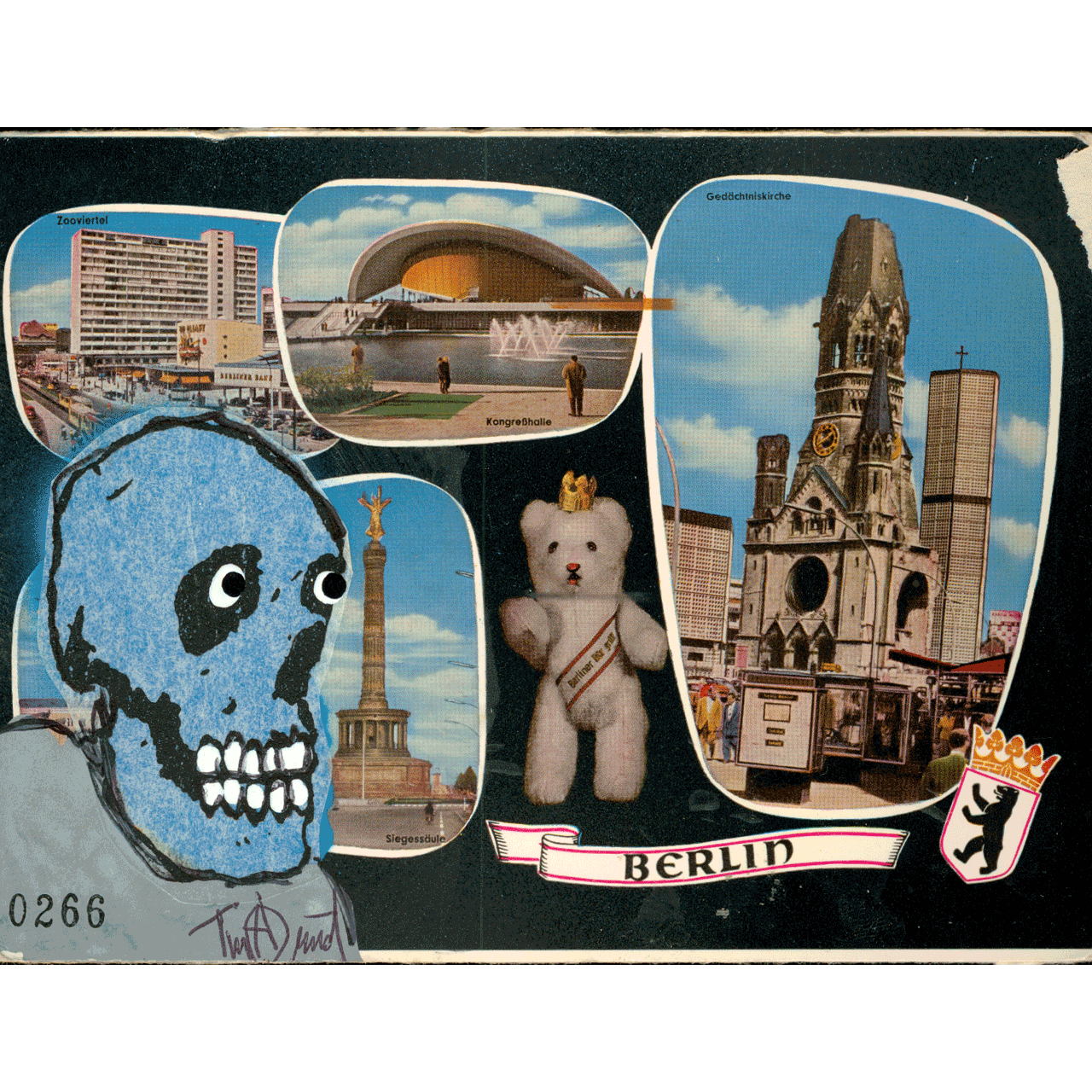 BERLIN No. 0266 skeletim postcard, hand-drawn skull by Tim Armstrong
