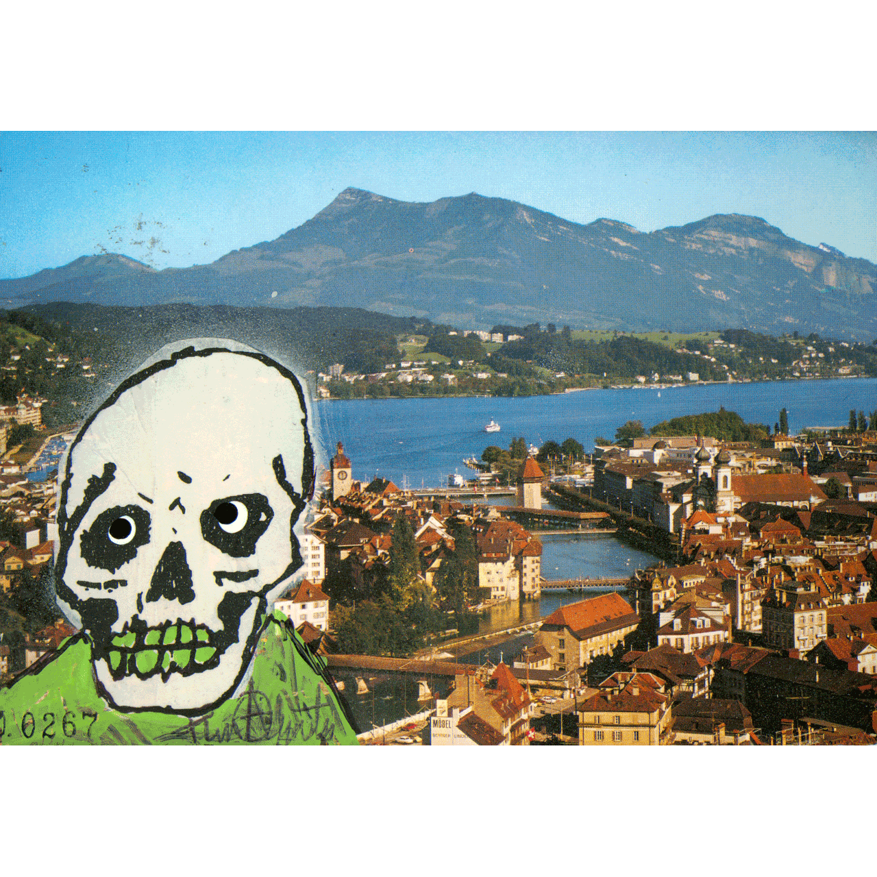 LUCERNE No. 0267 skeletim postcard, hand-drawn skull by Tim Armstrong