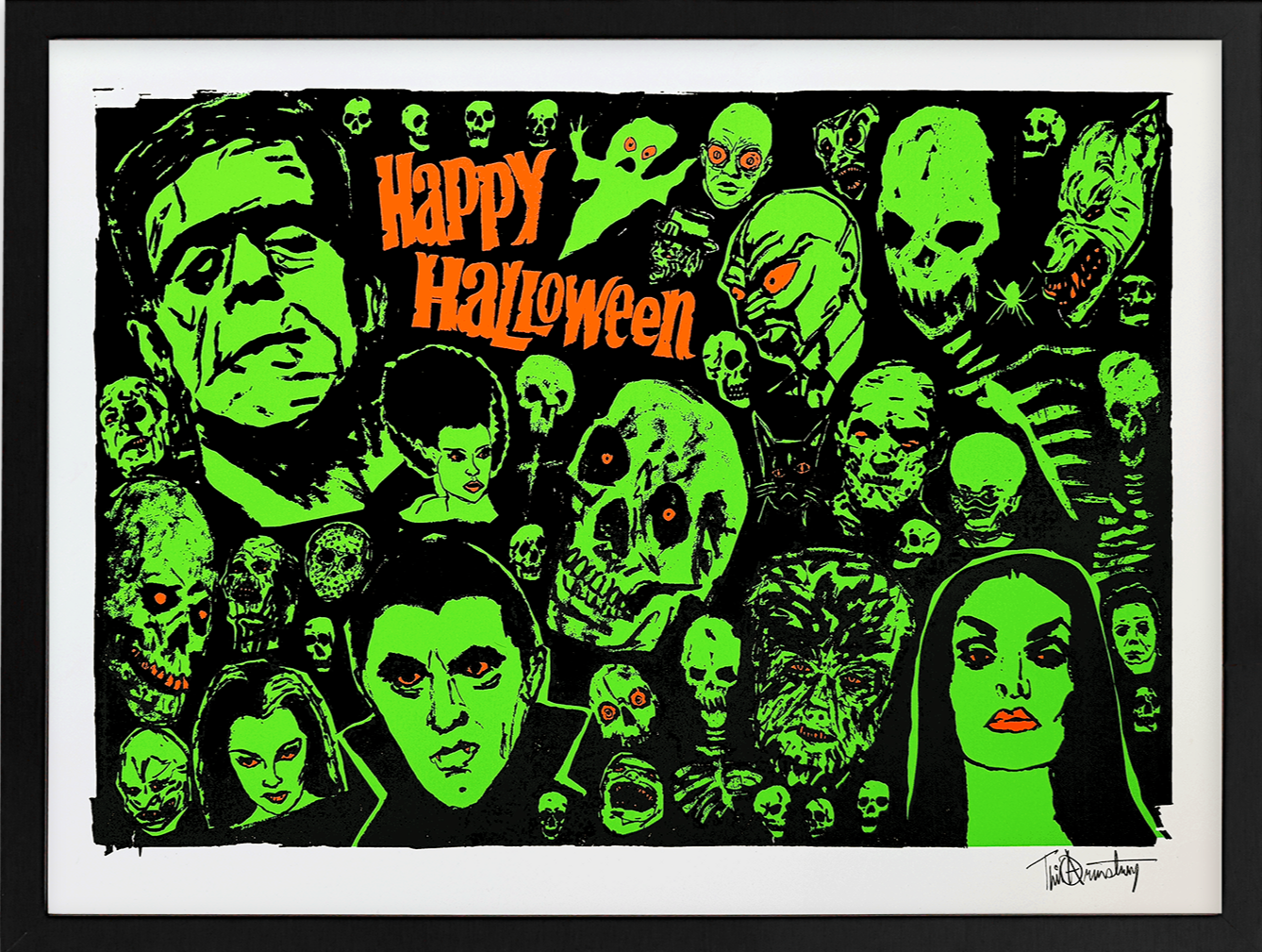 “Tim Armstrong silkscreen print- Happy Halloween—multi-color with fluorescent ink, 18×24 inches.”