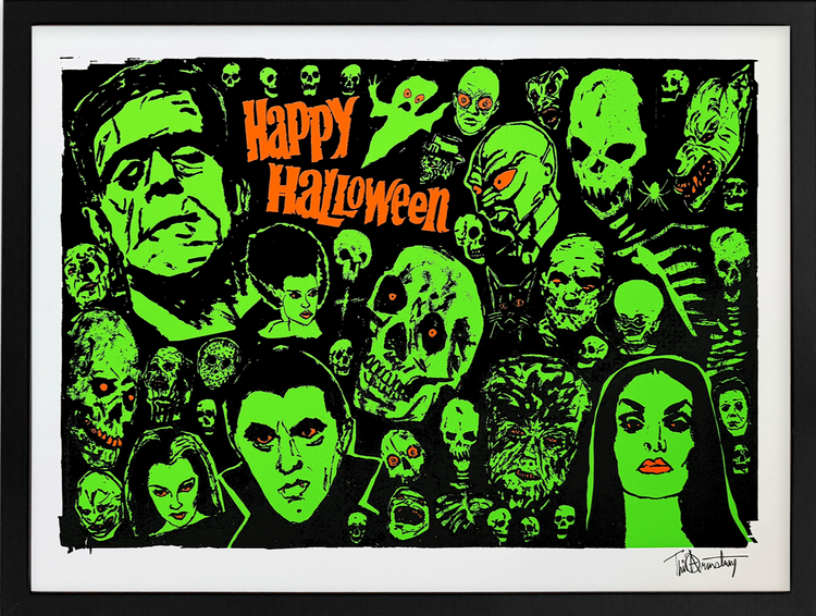 “Tim Armstrong silkscreen print- Happy Halloween—multi-color with fluorescent ink, 18×24 inches.”