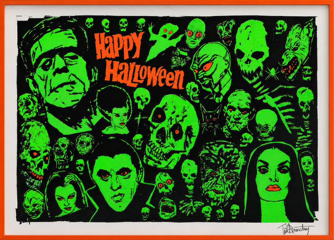 “Tim Armstrong silkscreen print- Happy Halloween—multi-color with fluorescent ink, 18×24 inches.”
