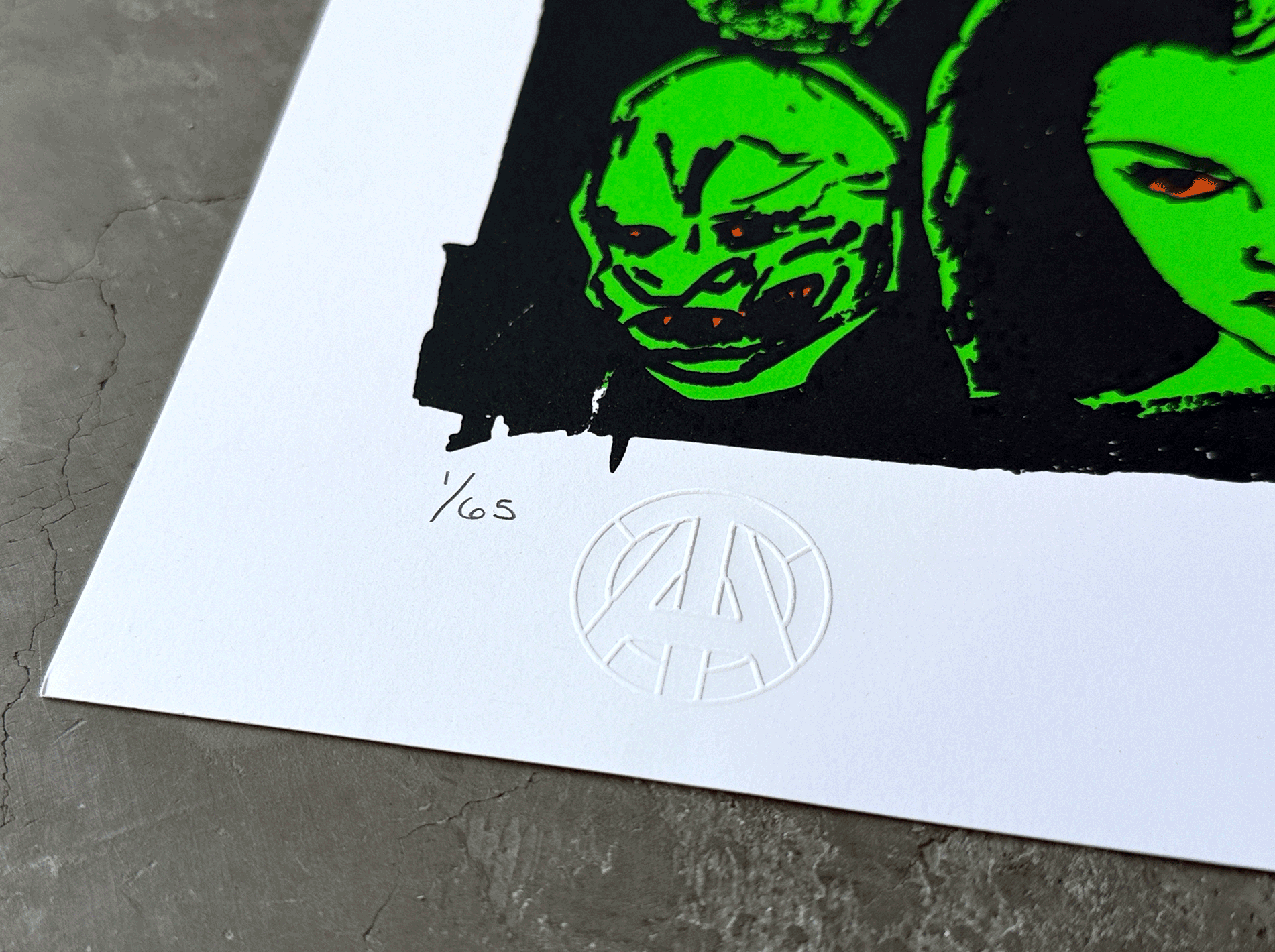 “Tim Armstrong silkscreen print- Happy Halloween—multi-color with fluorescent ink, 18×24 inches.”