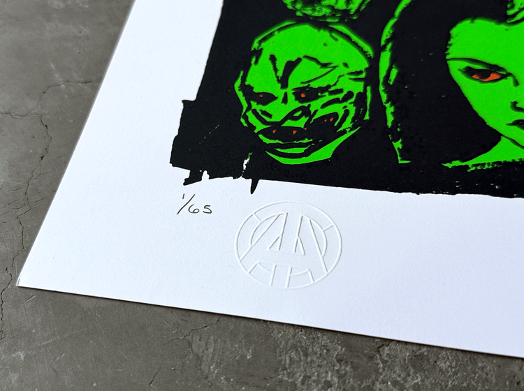 “Tim Armstrong silkscreen print- Happy Halloween—multi-color with fluorescent ink, 18×24 inches.”