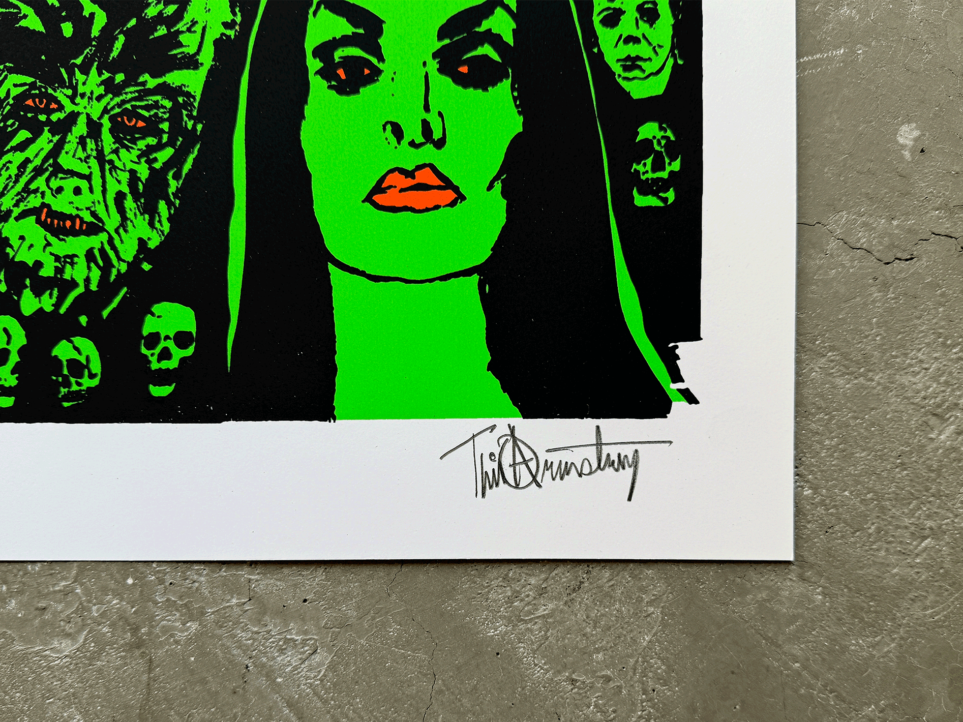 “Tim Armstrong silkscreen print- Happy Halloween—multi-color with fluorescent ink, 18×24 inches.”