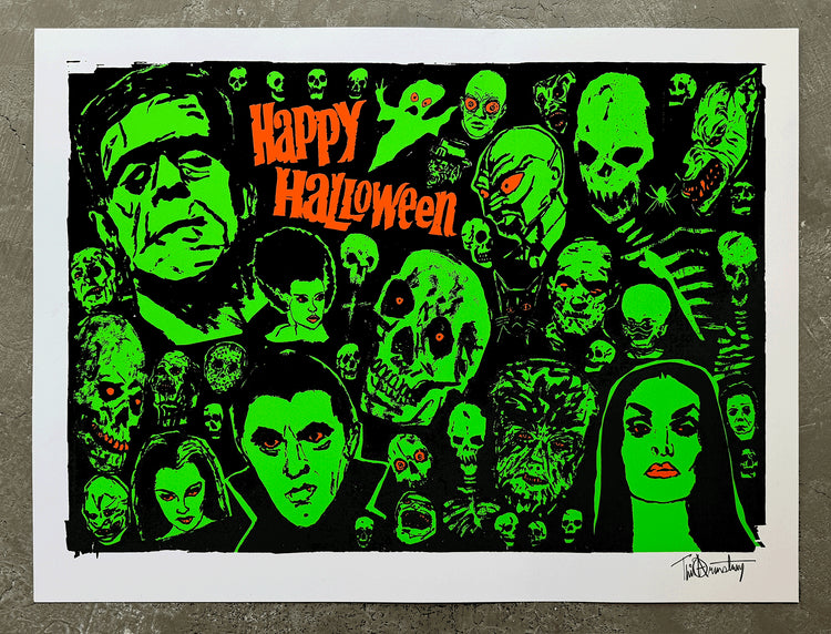“Tim Armstrong silkscreen print- Happy Halloween—multi-color with fluorescent ink, 18×24 inches.”