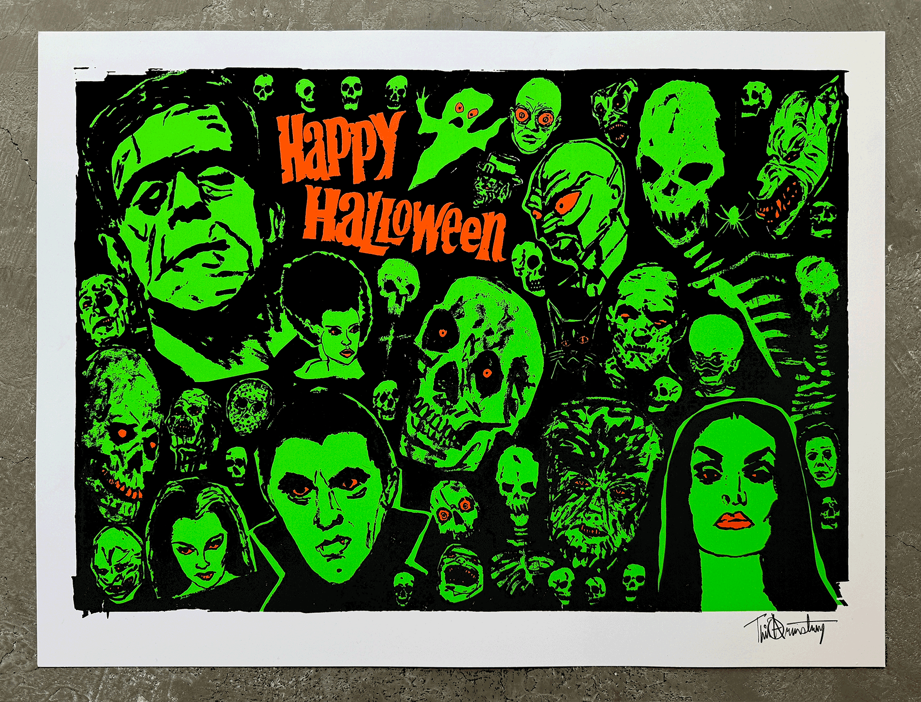 “Tim Armstrong silkscreen print- Happy Halloween—multi-color with fluorescent ink, 18×24 inches.”