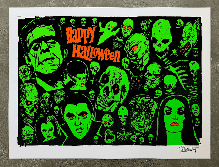 “Tim Armstrong silkscreen print- Happy Halloween—multi-color with fluorescent ink, 18×24 inches.”