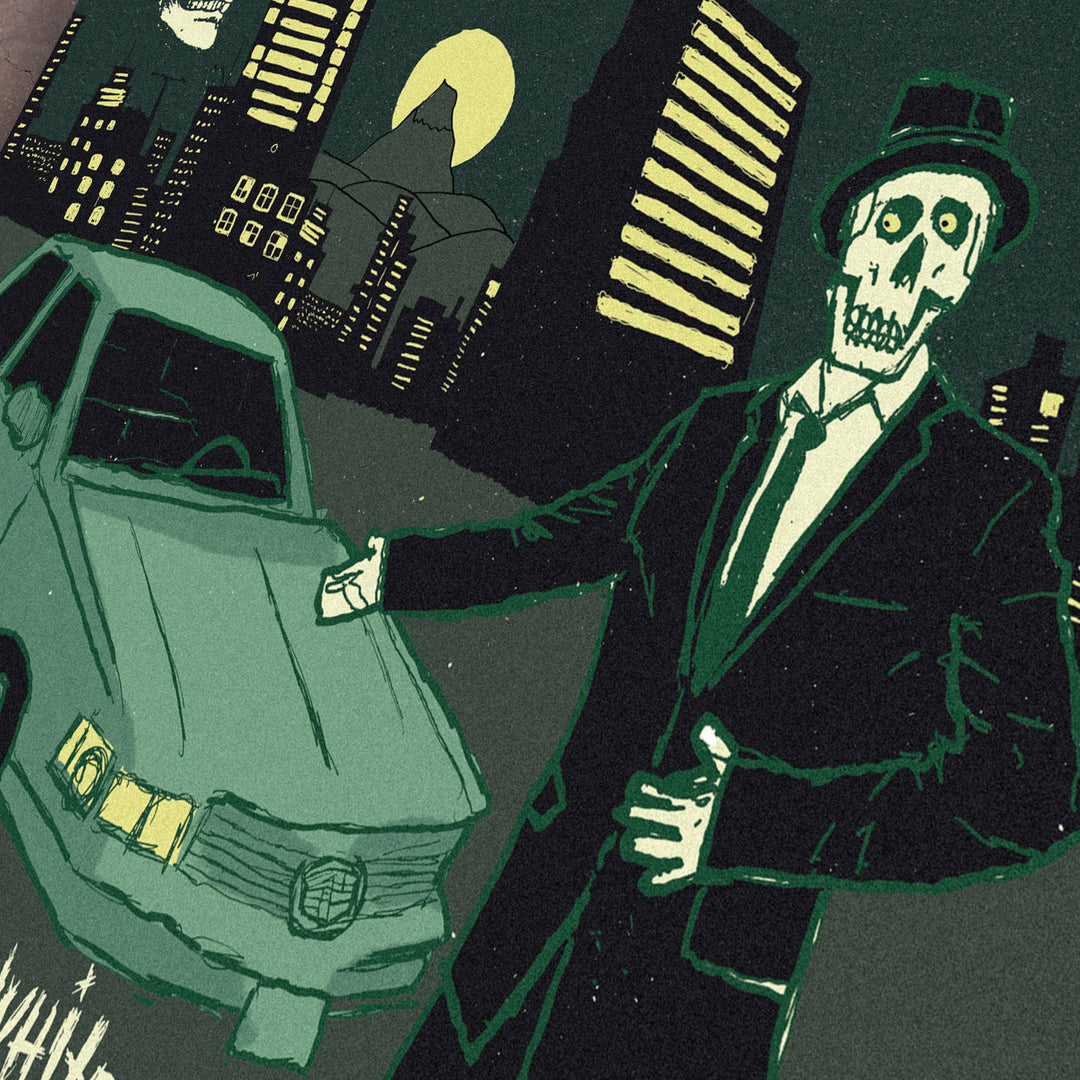 TIME BOMB. BLACK COAT, WHITE SHOES, BLACK HAT, CADILLAC