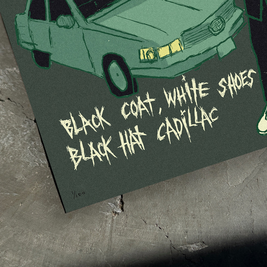 TIME BOMB. BLACK COAT, WHITE SHOES, BLACK HAT, CADILLAC