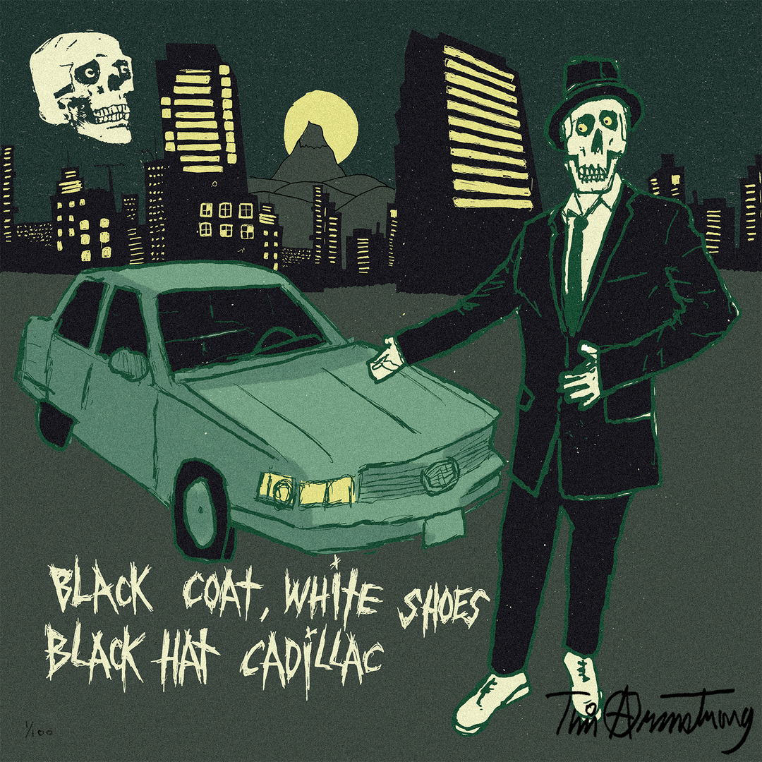 TIME BOMB. BLACK COAT, WHITE SHOES, BLACK HAT, CADILLAC