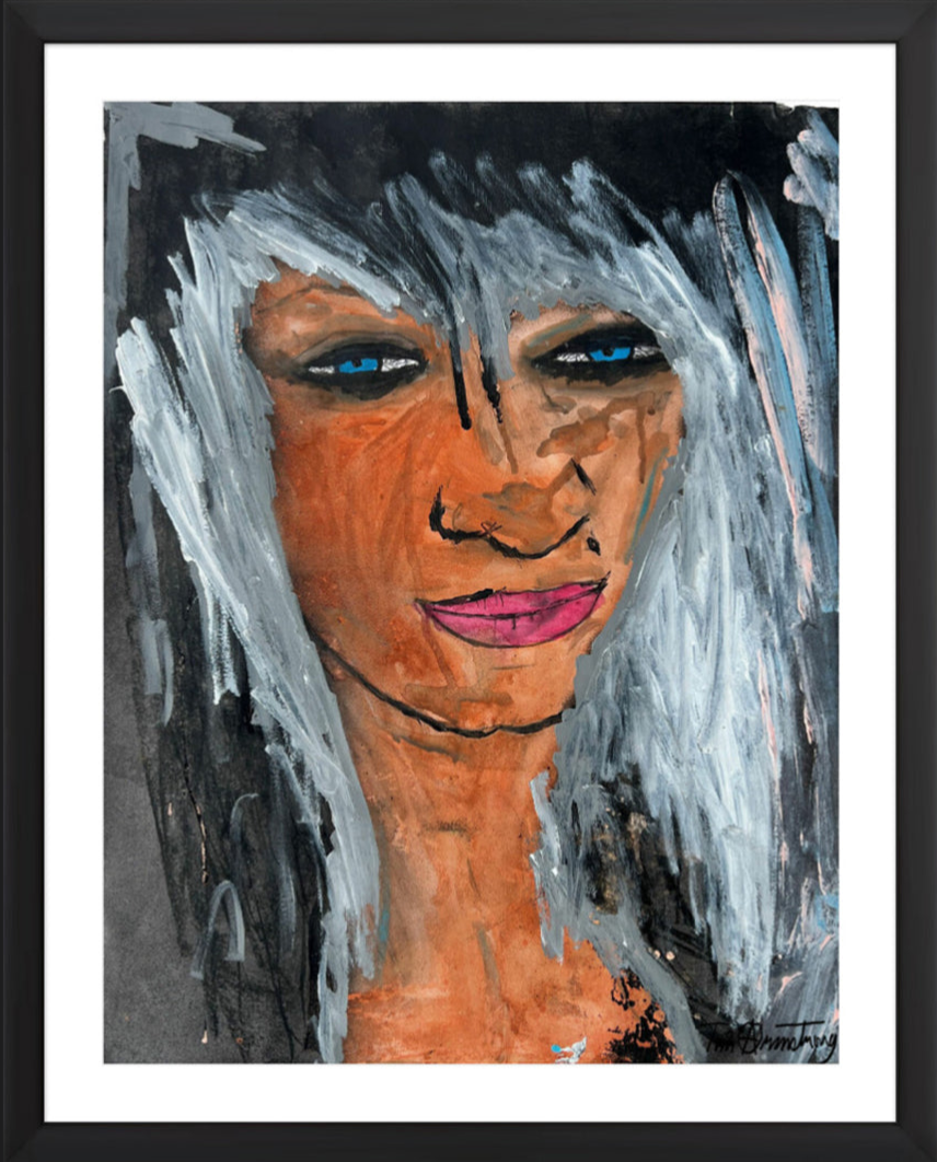 This image features a striking artwork titled "City Girl" by Tim Armstrong. The piece is a unique original, crafted using a blend of charcoal, watercolor, and paint on archival art paper.
